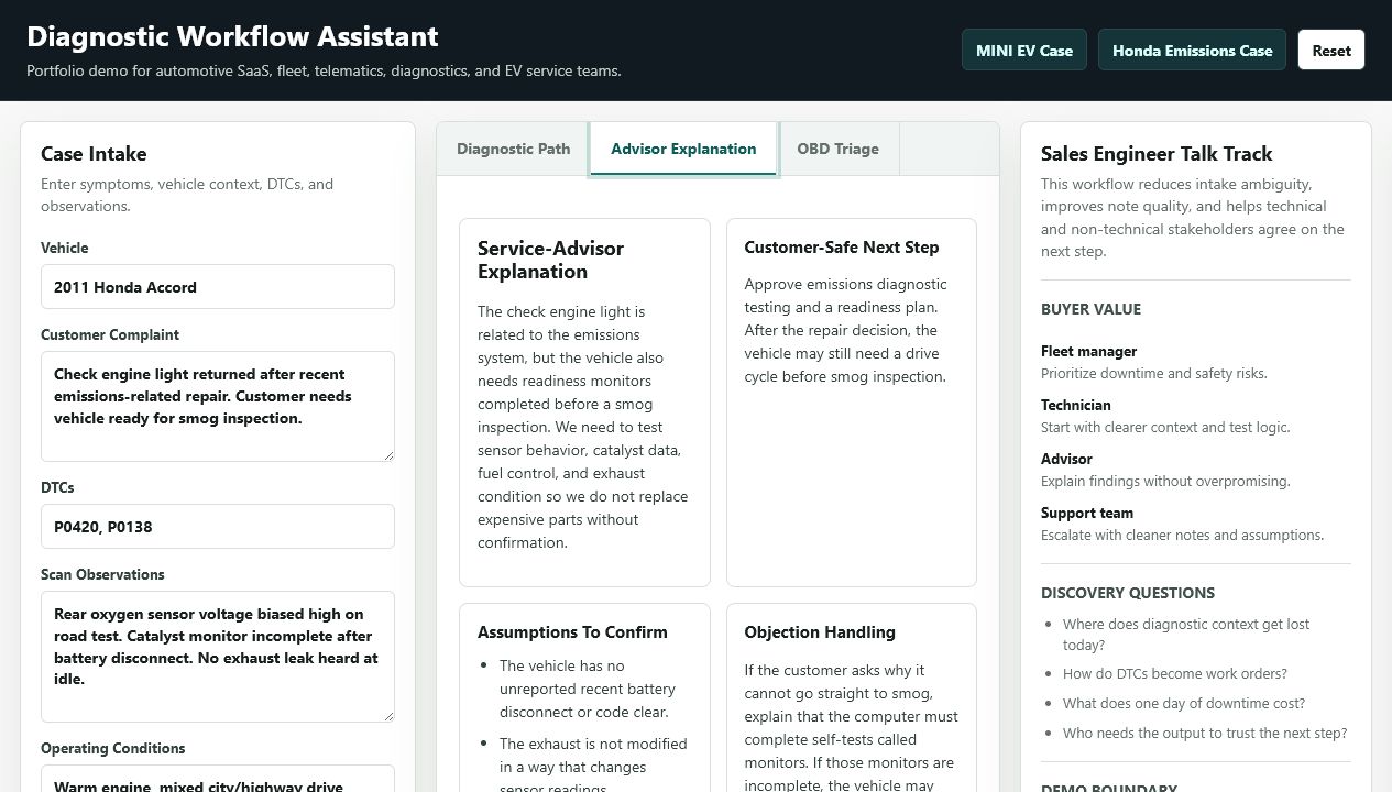 Diagnostic Workflow Assistant demo screenshot showing case intake, advisor explanation, and sales engineer talk track.